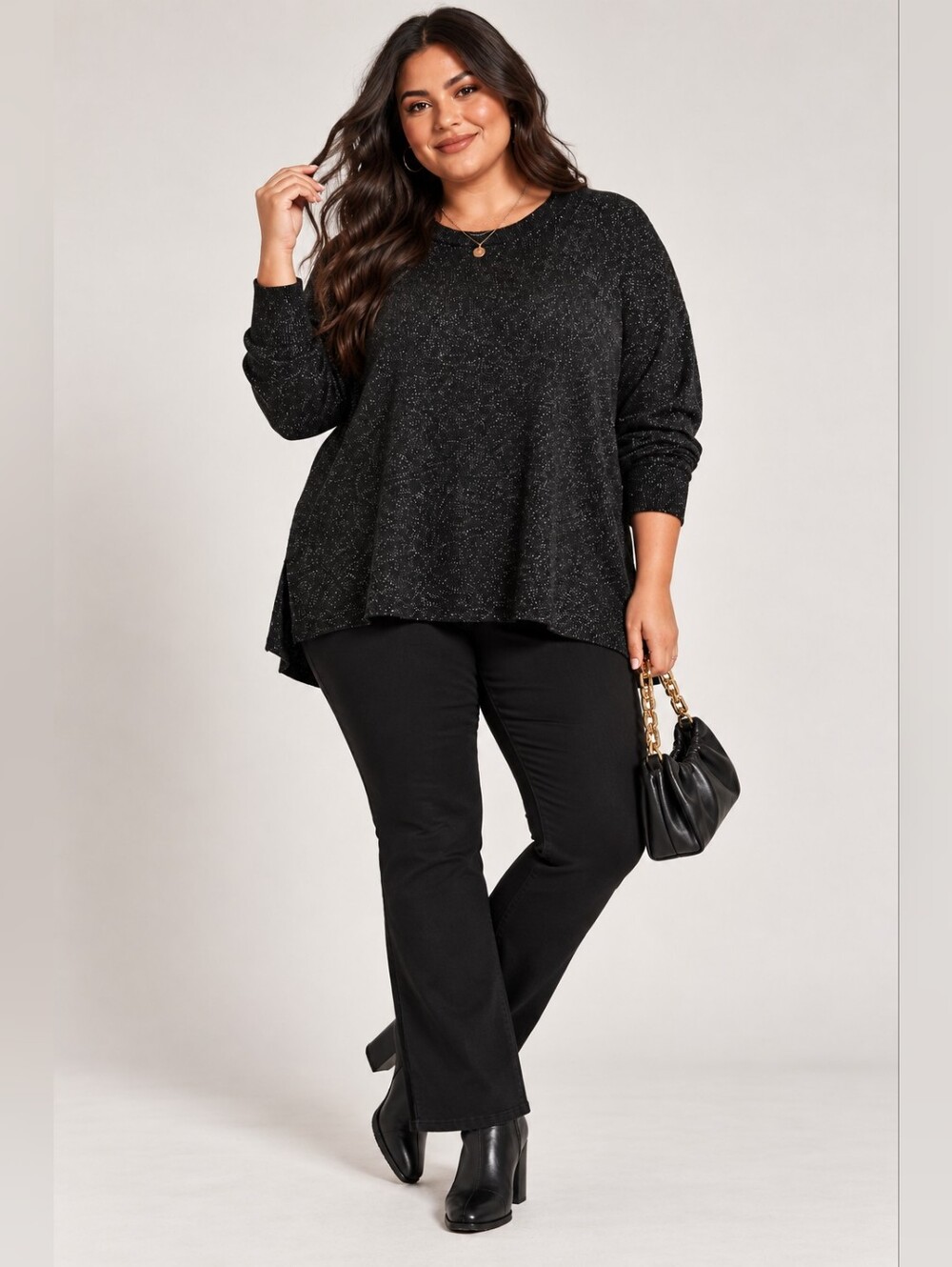 T TAHARI Plus Size Glitter Metallic Black Knit Crewneck Sweater, Holiday, 1X